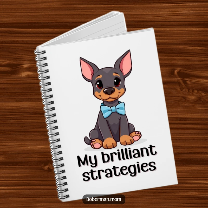 Funny Doberman notebook featuring an attentive dog with a bow tie, designed for jotting down notes with a touch of sophisticated humor.