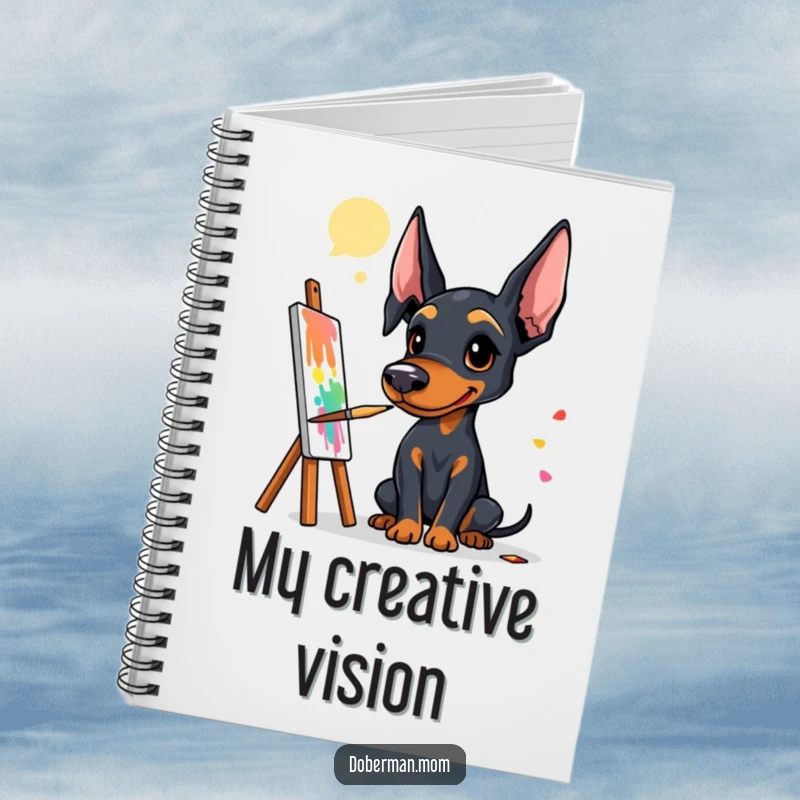 Funny Doberman artist notebook featuring a dog with a paintbrush, ready to capture brilliant artistic ideas and sketches.