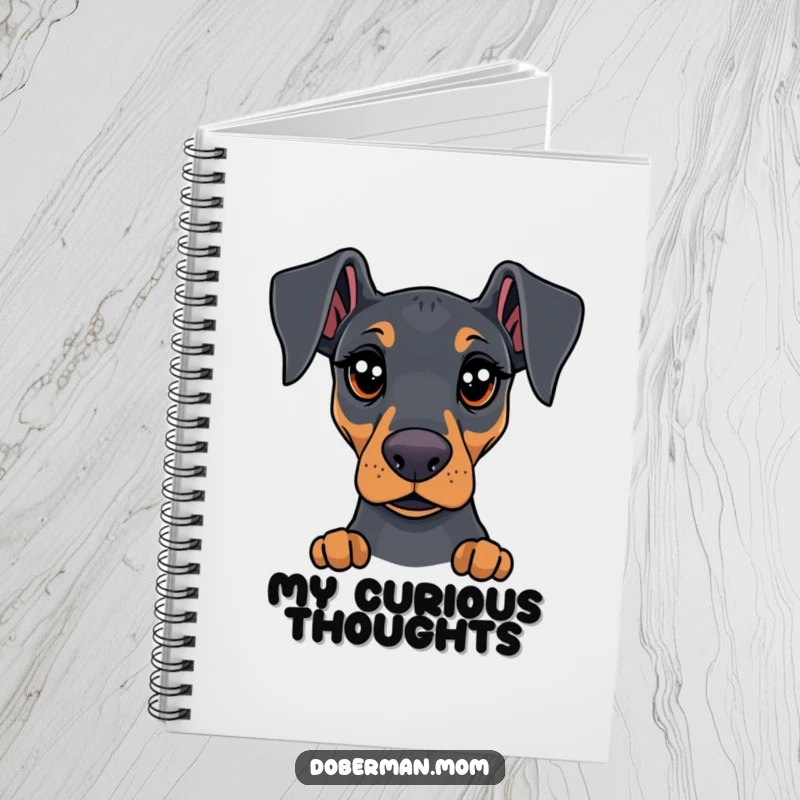Funny Doberman notebook with expressive eyes full of curiosity, ideal for jotting down notes and inspiring wonder.