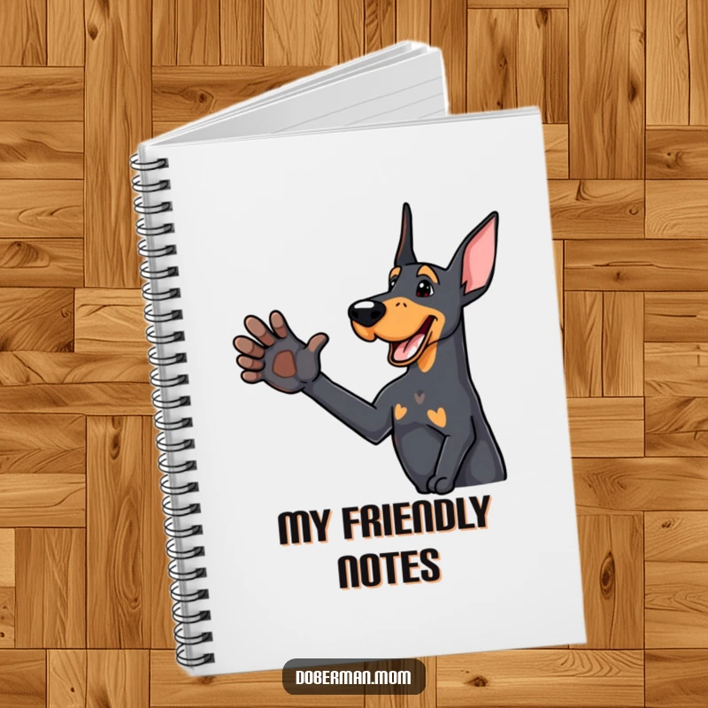 Funny Doberman notebook featuring a delighted dog offering a friendly paw, ideal for jotting down warm and welcoming thoughts.