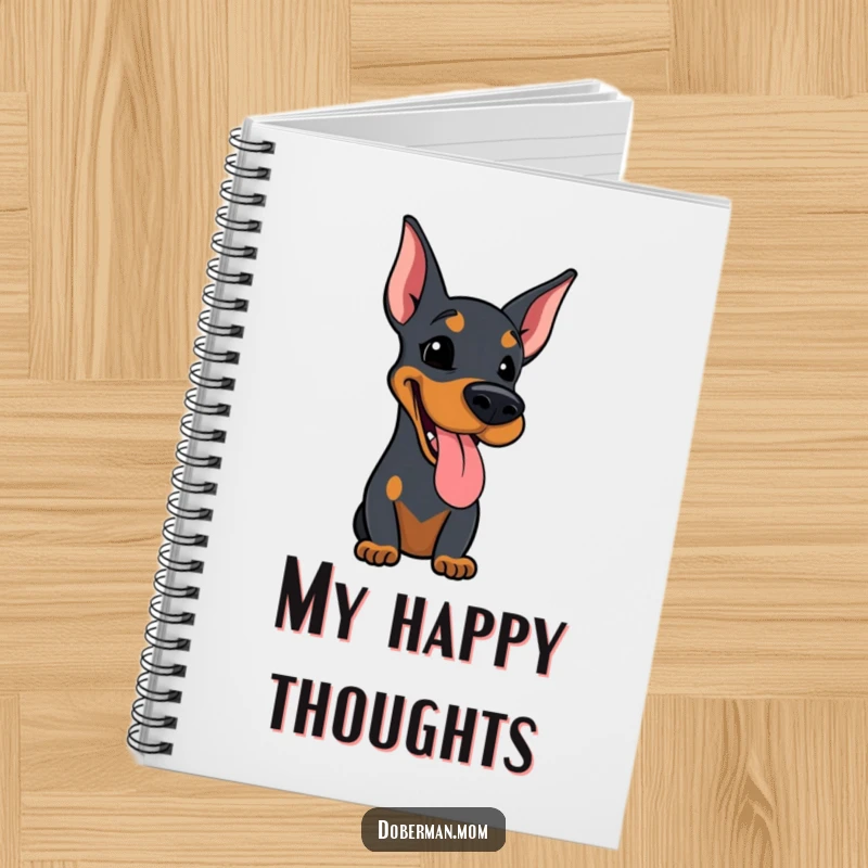 Funny notebook with a Doberman dog design, tongue sticking out slightly, panting happily, perfect for jotting ideas.
