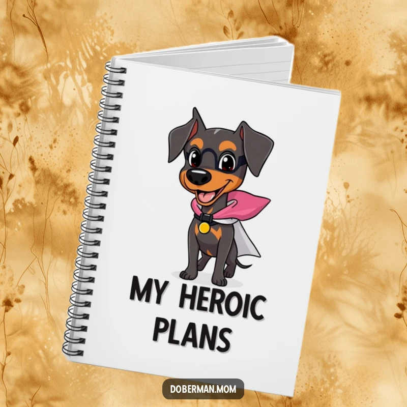 Funny Doberman notebook featuring a happy dog wearing a tiny superhero cape, ready for jotting down action plans.