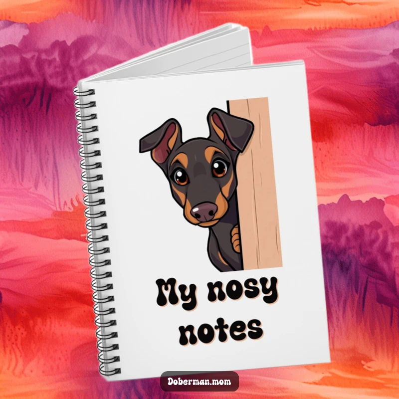 Funny Doberman notebook, cover shows a curious dog peeking around a corner with wide eyes, humorous and inspiring for note-taking.