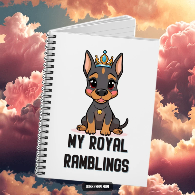 Funny Doberman dog wearing a tiara, looking regal on a notebook cover, ideal for jotting down humorous royal thoughts.