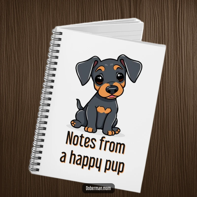 Funny Doberman notebook with an alert dog gently wagging its tail, perfect for jotting down notes with a touch of happy affection.