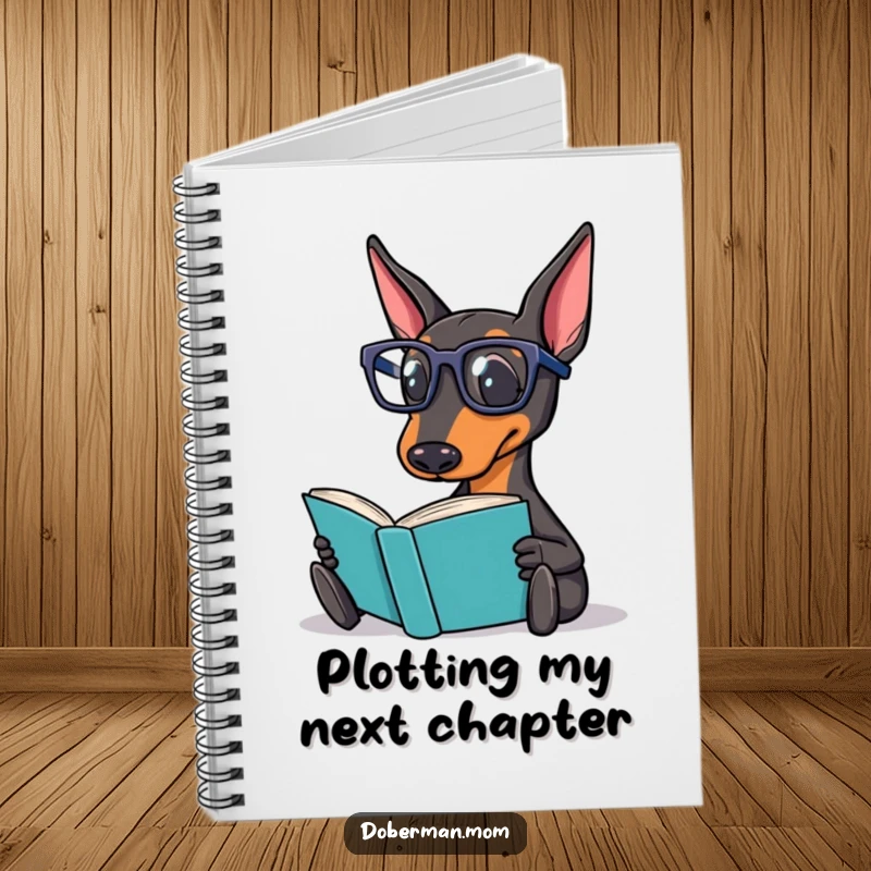 Funny Doberman Notebook showing a Doberman dog with reading glasses, looking studious while about to write in a book.