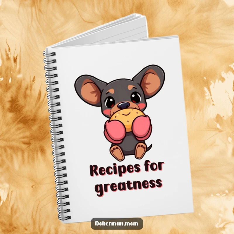 Funny Doberman dog with oven mitts holding a pastry, on a notebook cover, perfect for recording baking ideas humorously.