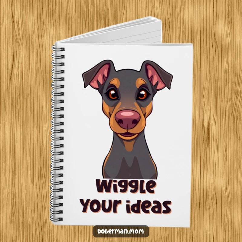 Funny Doberman notebook with a playful glint and wiggly nose, perfect for jotting down ideas with humorous charm.