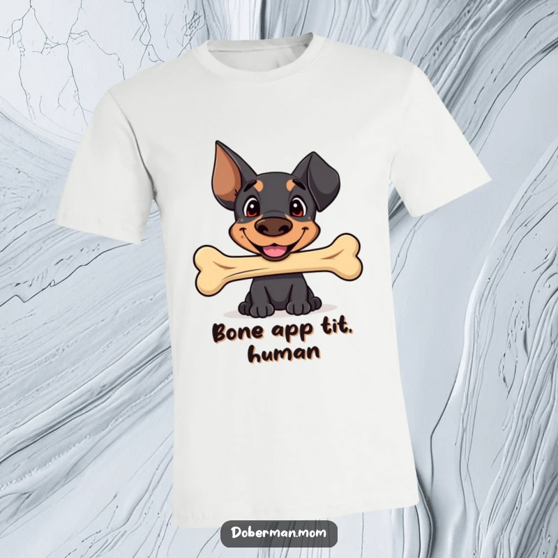 Funny Sweet Doberman t-shirt with a happy smile, offering a well-worn bone as a symbol of friendship and canine cuteness.