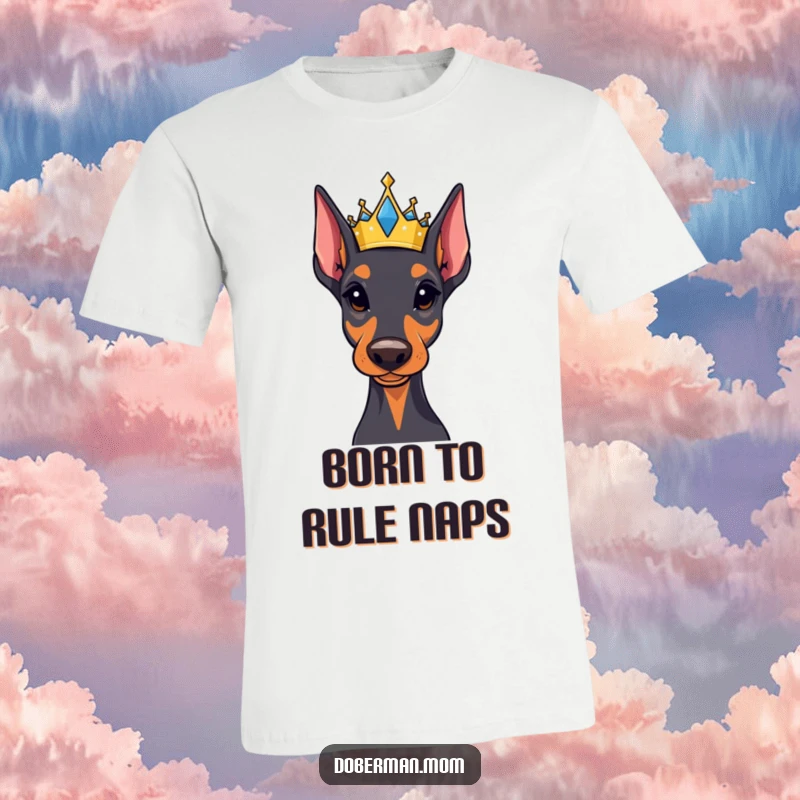 Funny Regal Doberman t-shirt adorned with a small, jeweled crown, showcasing a majestic and noble dog with a touch of playful grandeur.