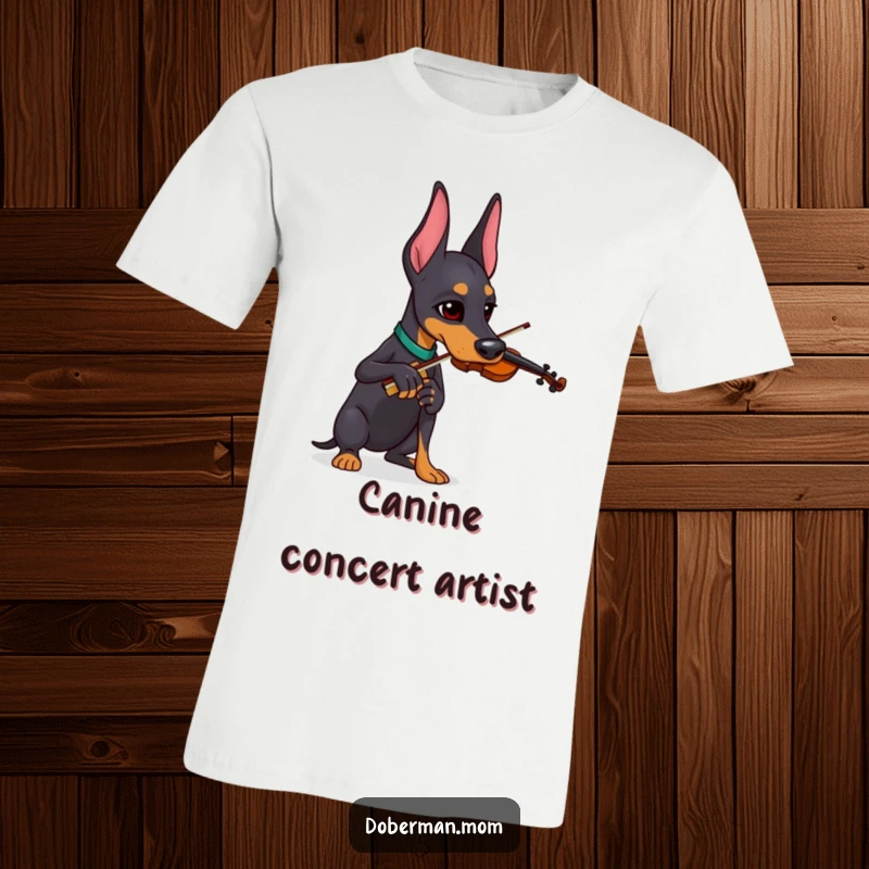 Funny Doberman wearing a serious expression while playing a tiny violin on a funny t-shirt.