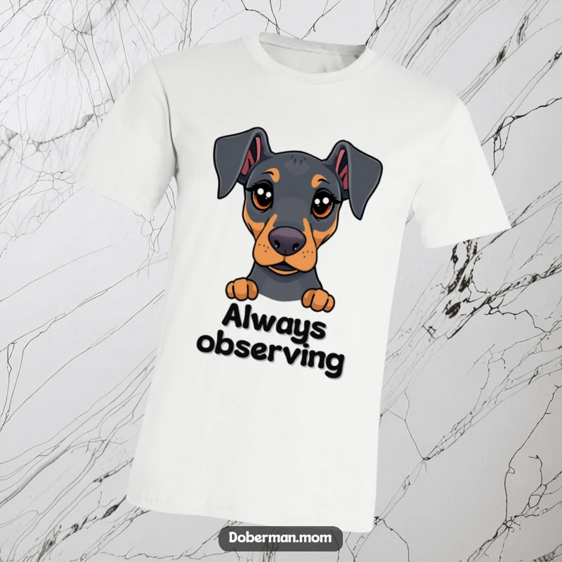 Funny Doberman t-shirt featuring a dog with large, expressive eyes, conveying deep curiosity and intrigue, great tee.