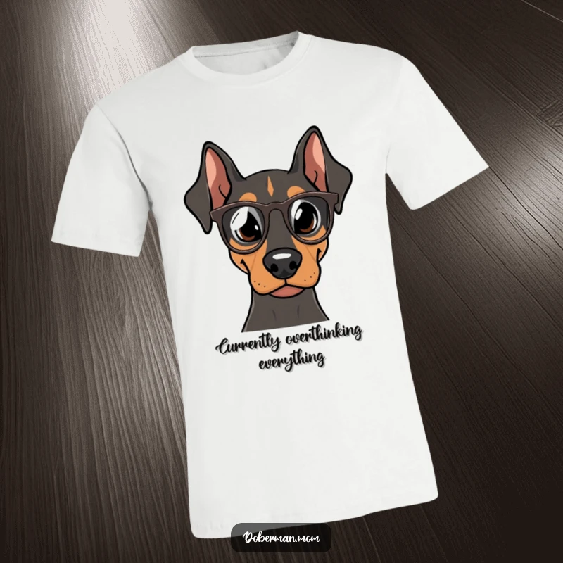 Funny Doberman Spectacles T-Shirt, a focused dog in tiny glasses, looking smart and stylish, a great humorous apparel gift.