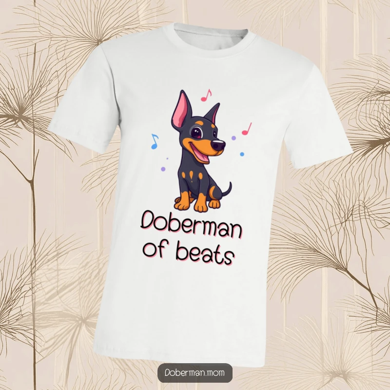 Funny Doberman t-shirt, depicted dancing energetically to a lively rhythm with musical notes.