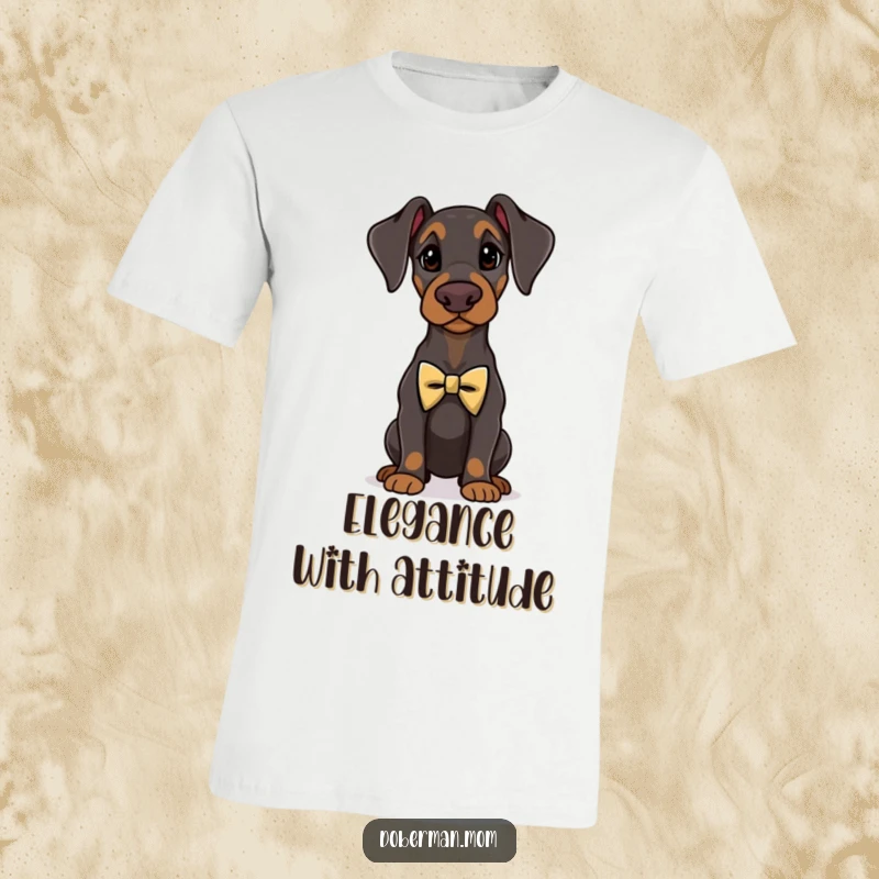 Funny Doberman standing proudly wearing a tiny, elegant bow tie, looking sharp on a comfortable t-shirt.