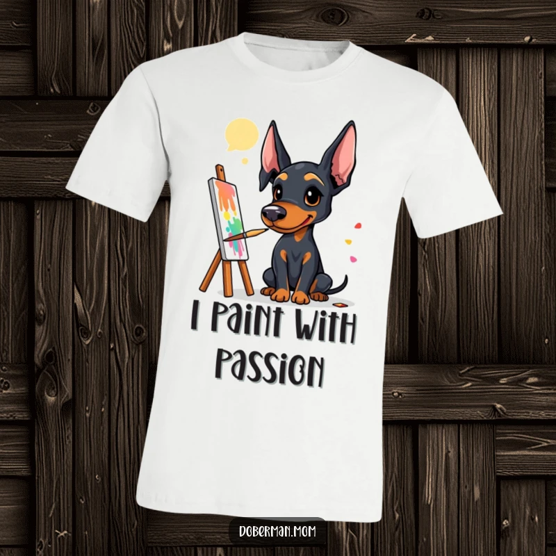 Funny Doberman artist t-shirt featuring a dog with a paintbrush, creating a vibrant and colorful abstract painting.