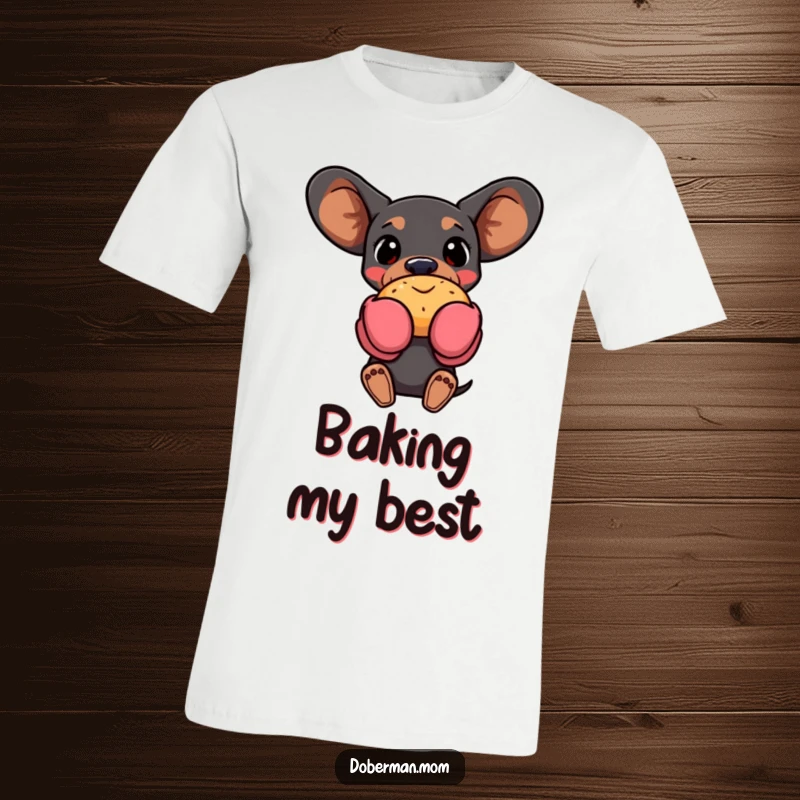Funny Doberman dog wearing oven mitts, holding a delicious pastry on a t-shirt, celebrating baking and canine cuteness.