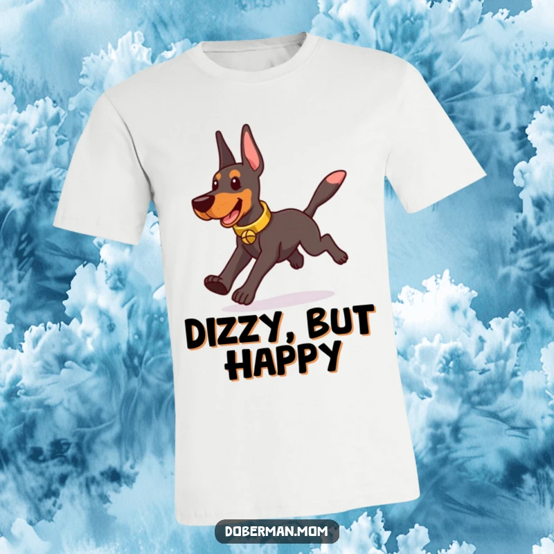 Funny Doberman wearing a tinkling bell collar, playfully chasing its tail, captured on a comfortable t-shirt.