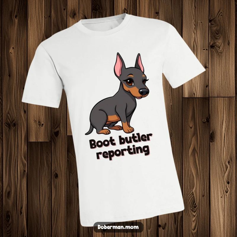 Funny Doberman t-shirt with a dog winking and holding up a single polished boot, showcasing clever humor.