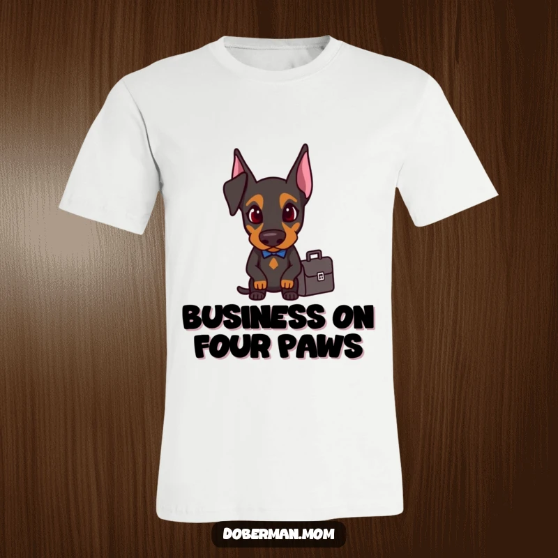 Funny Doberman with a briefcase, looking very determined on a humorous motivational t-shirt.