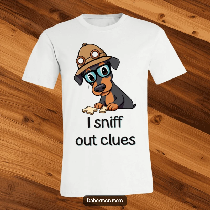 Funny Doberman detective t-shirt portraying a clever dog donning a hat, engrossed in solving a complex puzzle.