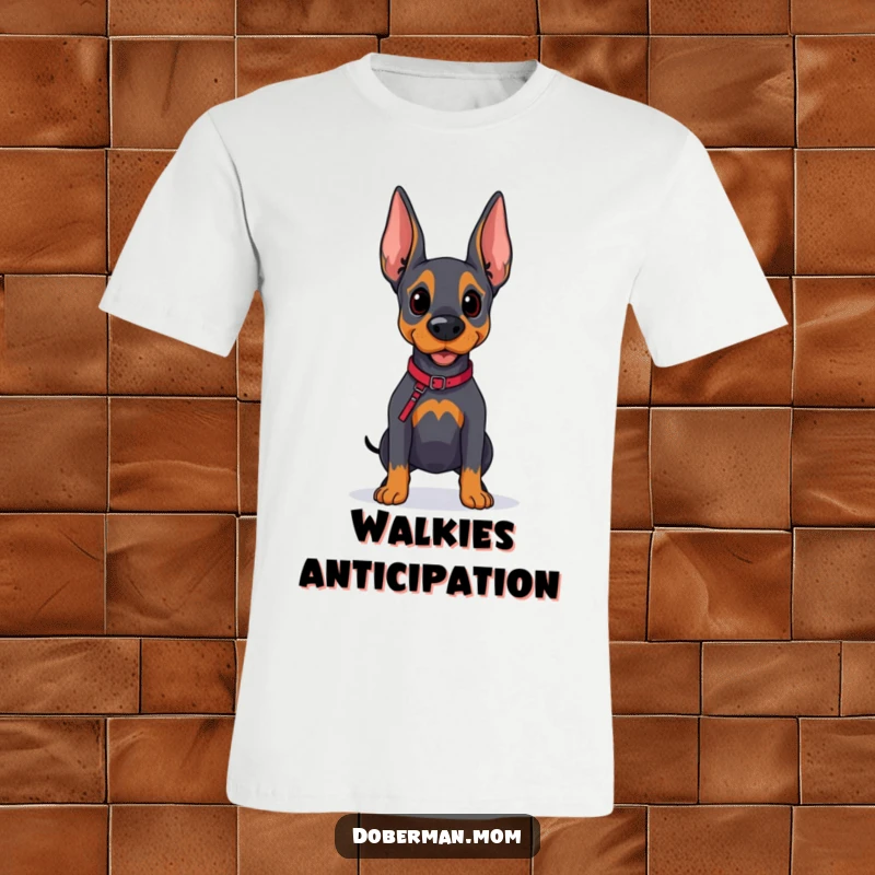 Funny Doberman Explorer T-Shirt: A hopeful Doberman dog with a leash looks forward to an adventure, ready to explore.