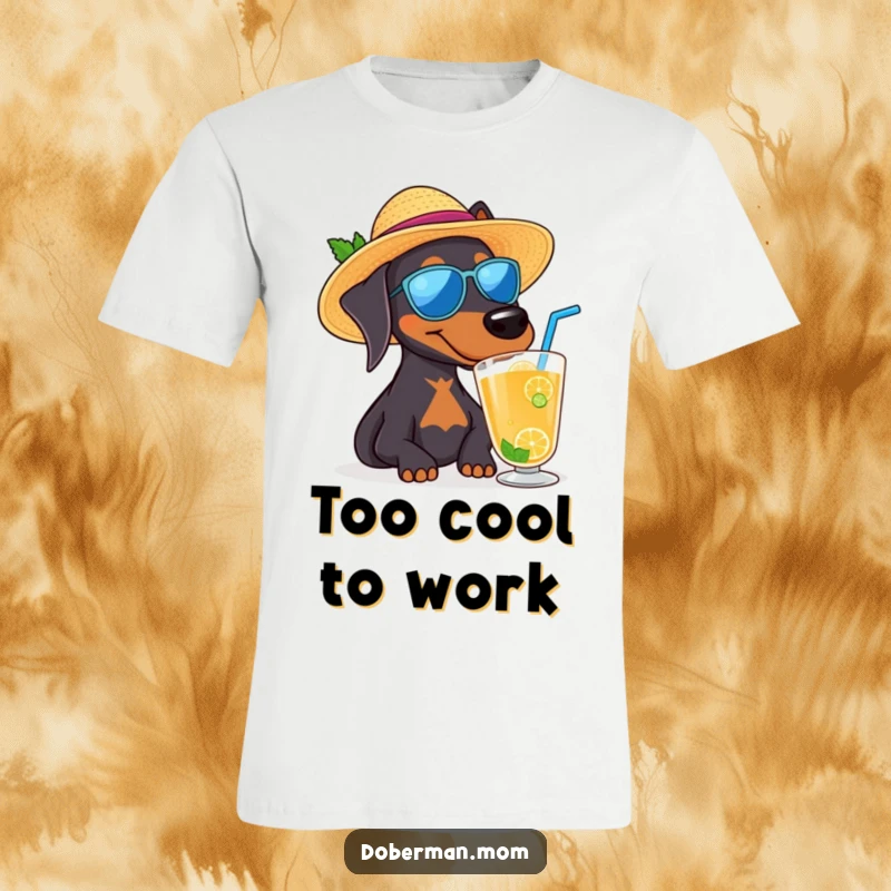 Funny Doberman dog wearing a sun hat and sipping a drink, a humorous t-shirt for summer.