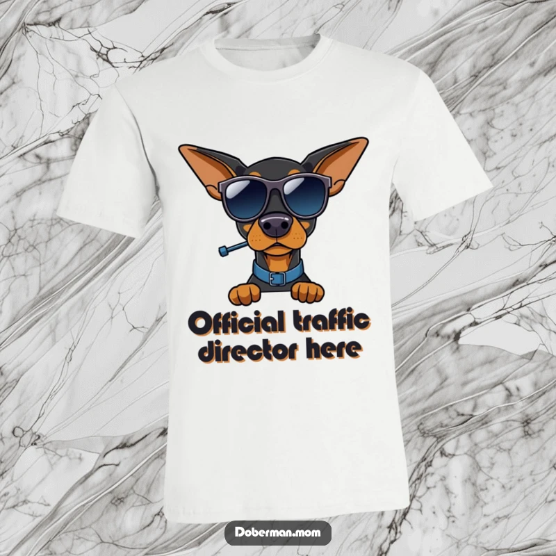 Funny Doberman traffic cop t-shirt, Doberman in sunglasses and hat, directing traffic with a whistle, cool dog.