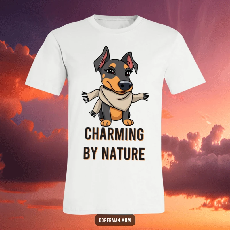 Funny Doberman dog in a stylish scarf winks charmingly, a fashionable and humorous tee.