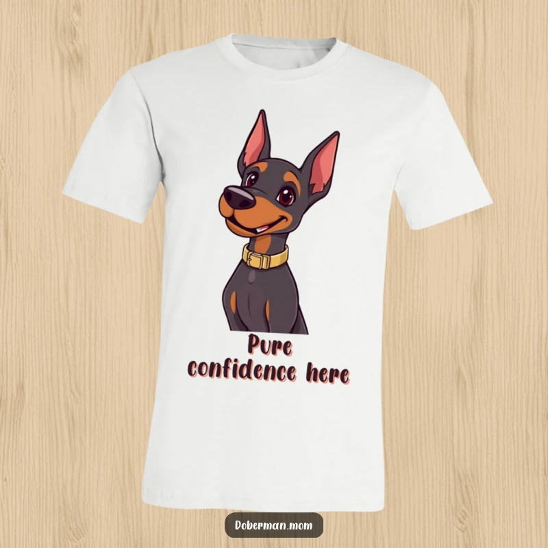 Funny Happy Doberman Pose T-Shirt: a stylish dog wears a collar and poses confidently; humorous and chic apparel.