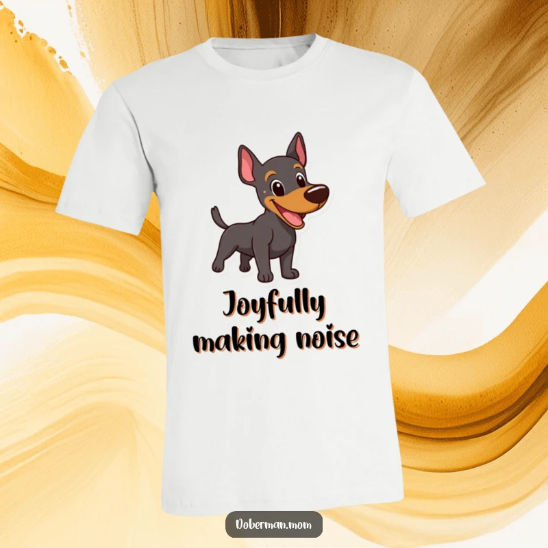 Funny Happy Doberman T-Shirt: A jubilant Doberman caught in a playful bark, tail a blur of happiness.
