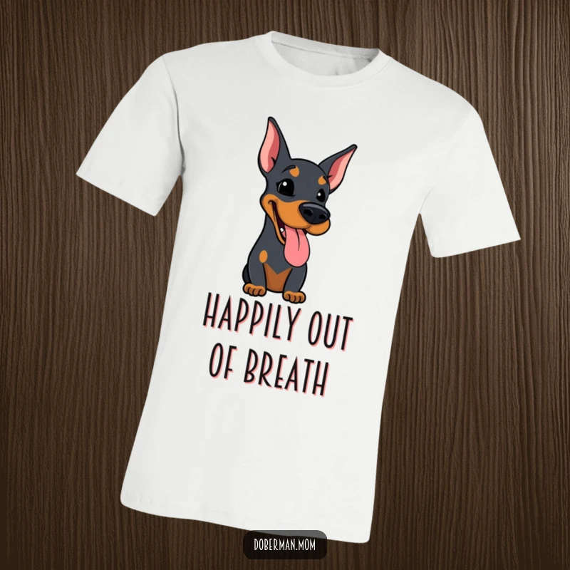 Funny t-shirt with a Doberman dog, tongue slightly out, panting contentedly and radiating pure happiness.