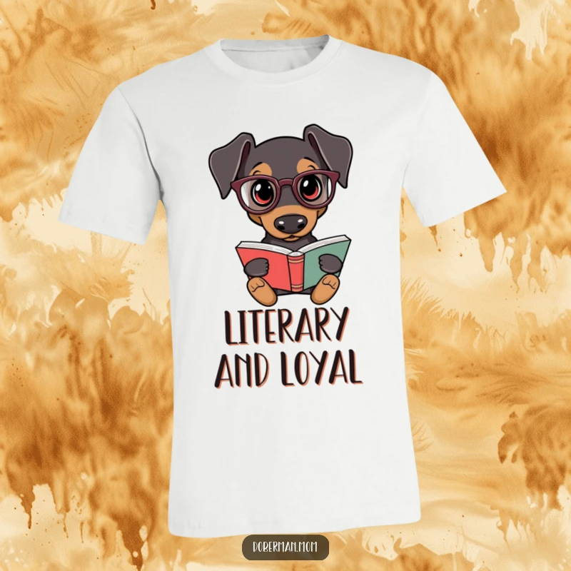 Funny Doberman Scholar T-Shirt: A Doberman dog wearing reading glasses holds a book, looking smart and funny. Great gift.
