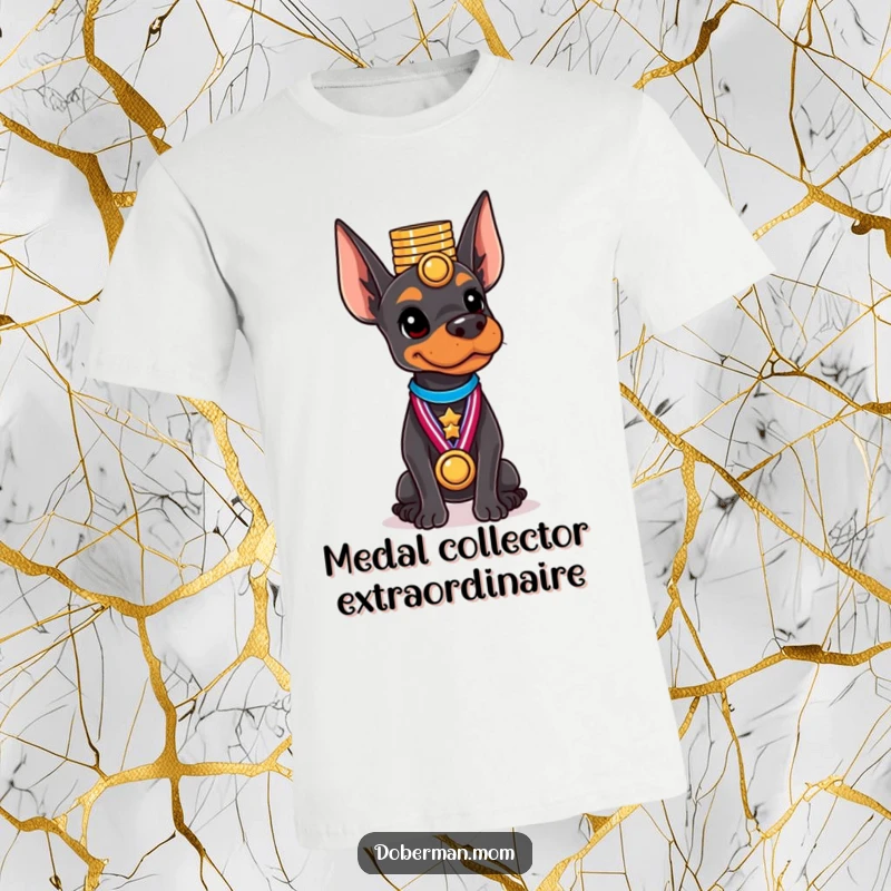 Funny Doberman t-shirt depicting a proud dog balancing a large stack of gleaming medals perfectly on its head.
