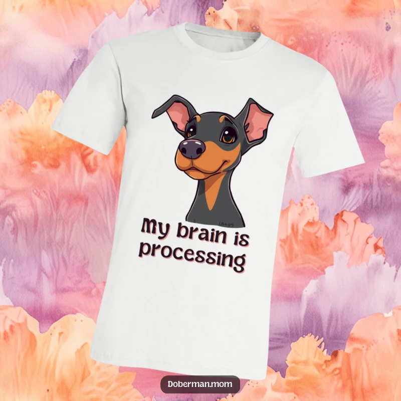 Funny Doberman t-shirt with a dog tilting its head in a curious, questioning manner, ready for a hilarious moment.