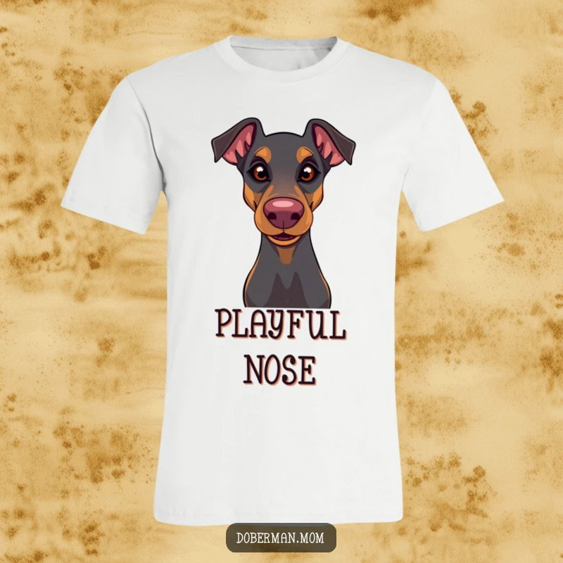 Funny Doberman t-shirt featuring a dog with a playful glint and a wiggly nose, embodying cheeky fun and excitement.