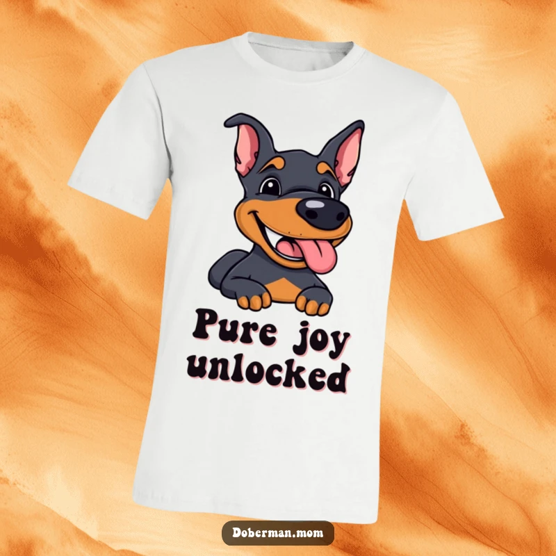 Funny Doberman t-shirt showing a dog with a wide, happy grin and panting, embodying pure delight.