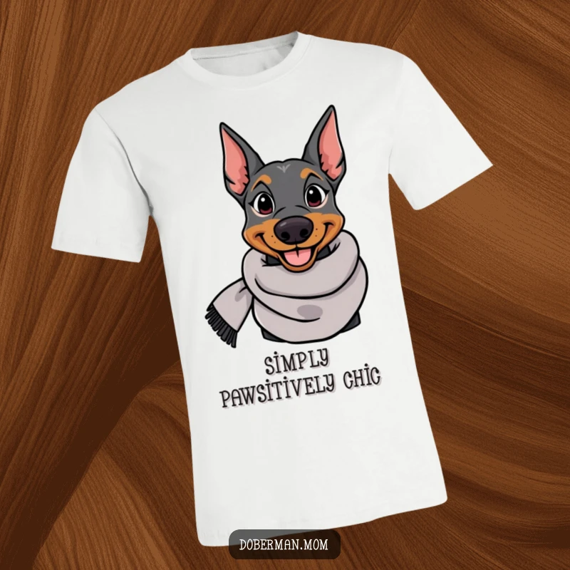 Funny Doberman t-shirt showing a smiling, elegant dog sporting a chic, stylish scarf, perfect for fashion-forward pet parents.