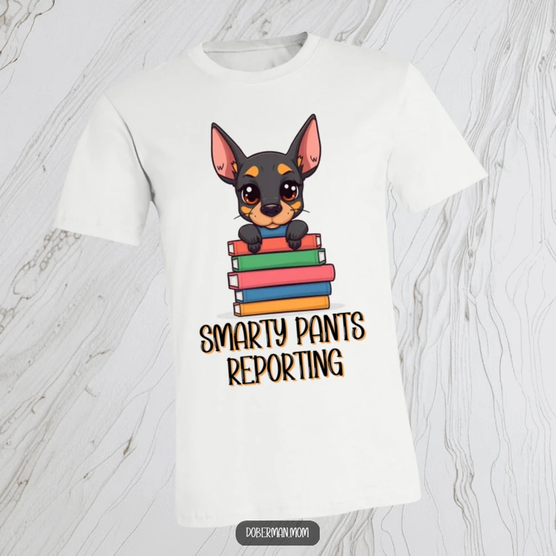 Funny Doberman Book Stack T-Shirt: a determined dog balances books; a humorous and intelligent apparel choice for dog lovers.