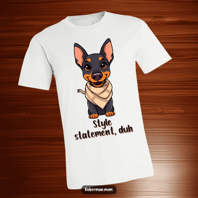 Funny Doberman T-shirt showing a Doberman with a confident smile and a small stylish scarf, looking incredibly dapper.