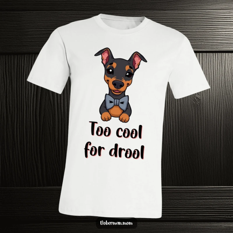 Funny Doberman Bow Tie Wink T-Shirt showing a dapper dog wearing a bowtie and winking; a humorous and stylish apparel gift.