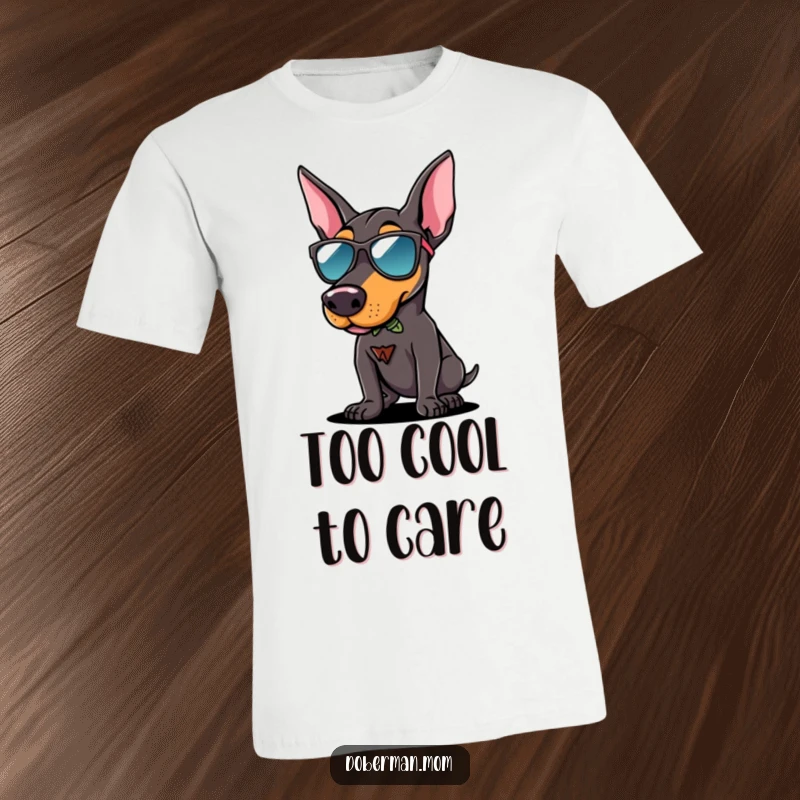 Funny Doberman sunglasses t-shirt with a dog wearing cool shades, striking a confident pose, perfect for fashion-forward dog lovers.