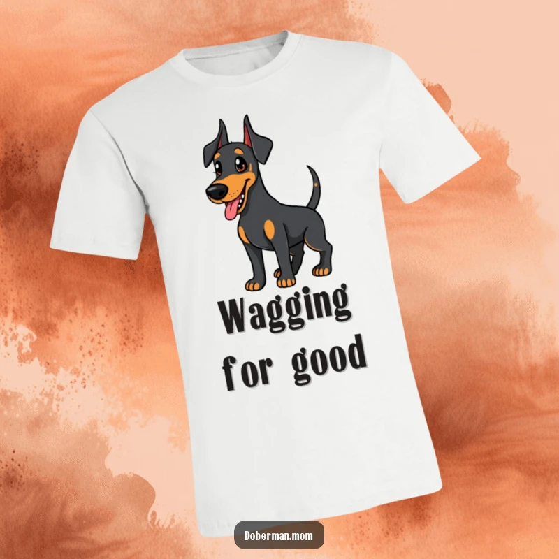 Funny Doberman t-shirt, friendly and eager dog wagging its tail with happiness, conveying warmth and excitement.