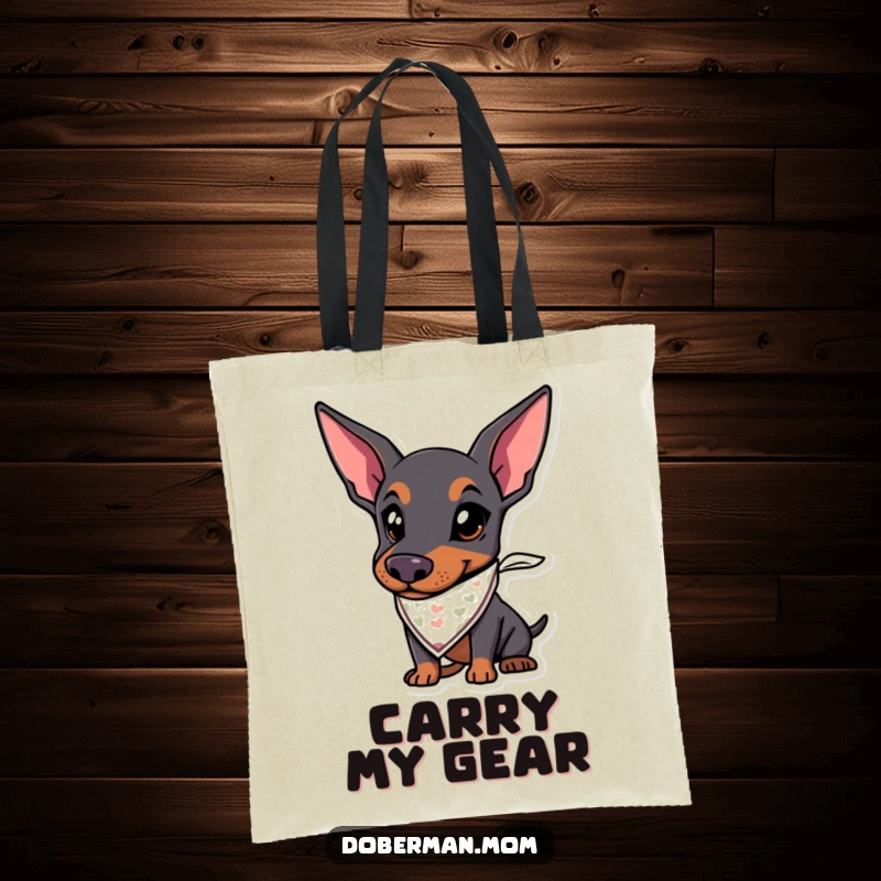 Funny tote bag with a Doberman dog wearing a tiny bandana, looking eager and prepared for exciting adventures.