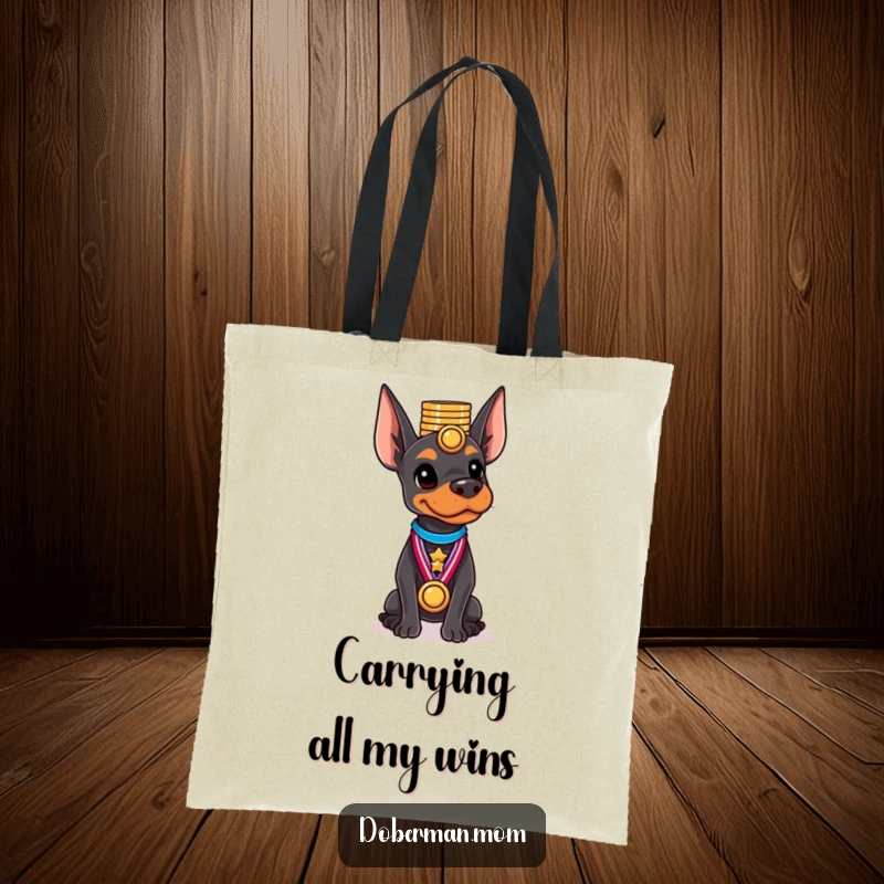 Funny Doberman tote bag depicting a dog expertly balancing a tall pile of shiny medals on its head.