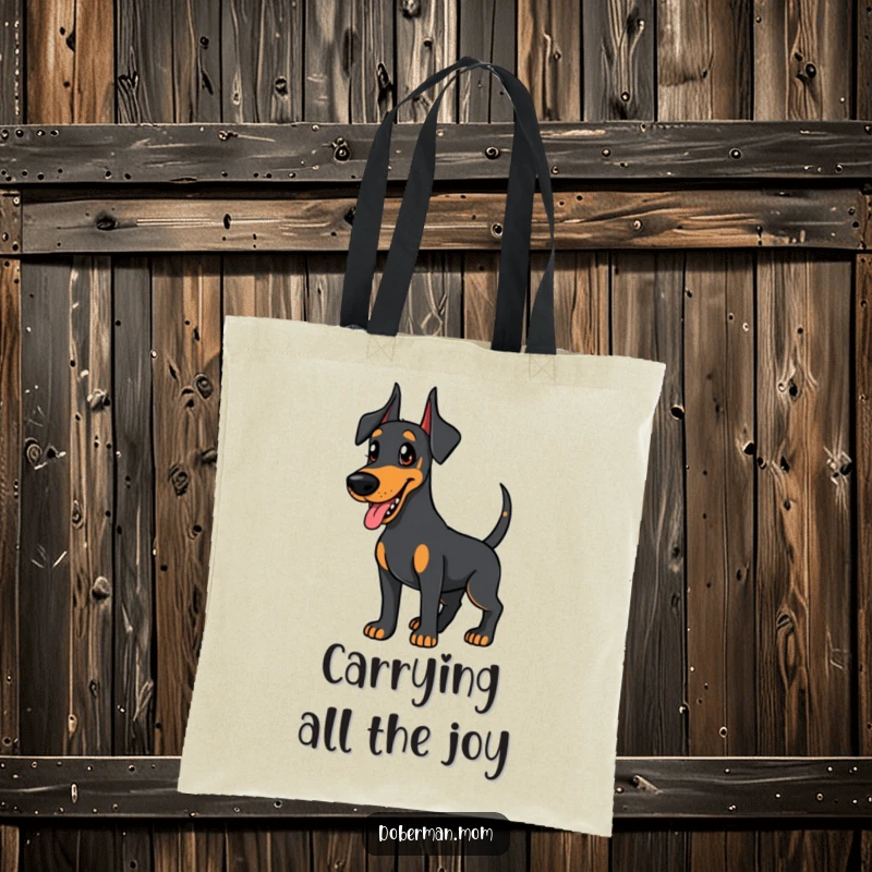 Funny Doberman tote bag, friendly dog wagging its tail eagerly, a humorous and cheerful accessory for daily use.