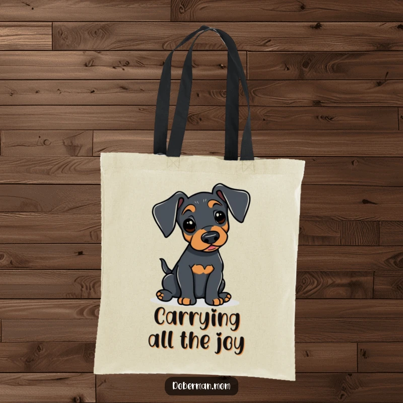 Funny Doberman tote bag with an alert dog gently wagging its tail, perfect for carrying items with a symbol of happy greetings.
