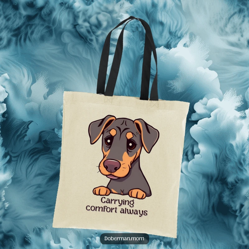 A Doberman with gentle eyes, offering a comforting presence, is illustrated on this charming and functional tote bag.