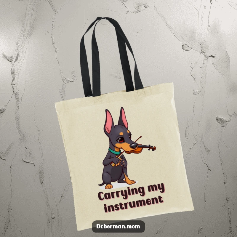 Funny Doberman engrossed in playing a tiny violin, perfect for a stylish and funny tote bag.