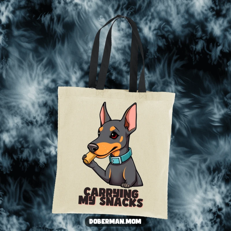 Funny Doberman tote bag with a dog in a fashionable collar playfully nudging for a treat, perfect for carrying items with cute mischief.